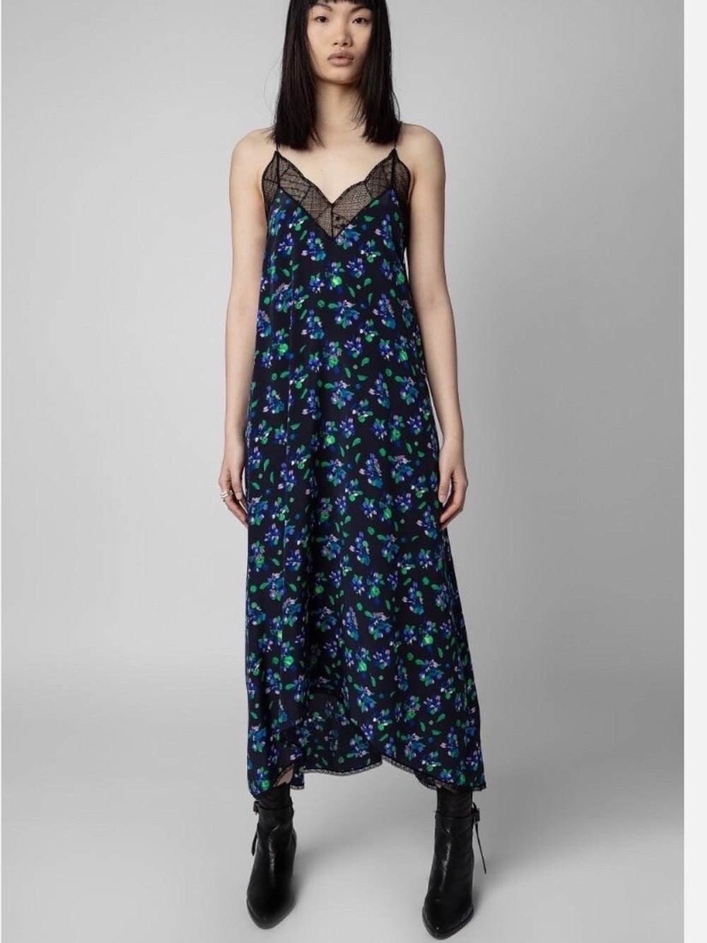 Zadig & Voltaire Black Floral Slip Maxi Dress with Lace